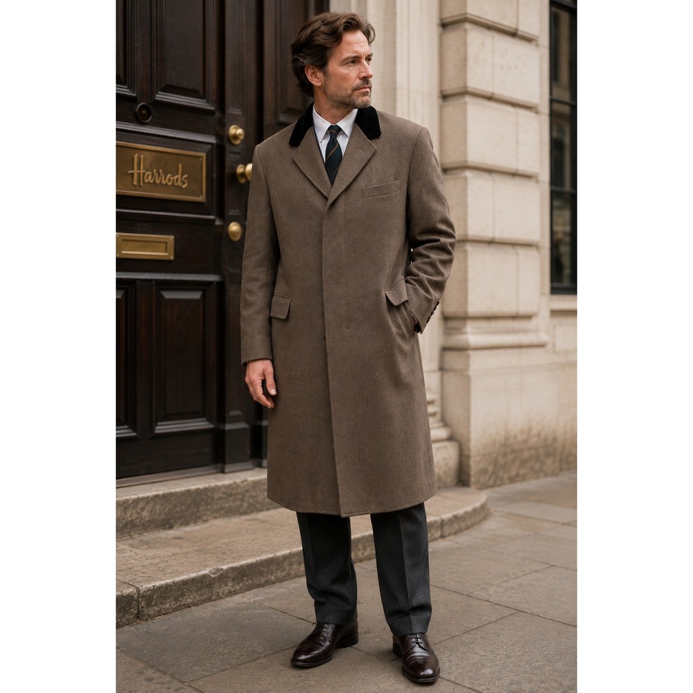 Vintage Harrods Chesterfield Overcoat 42R Brown Wool West England Velvet Collar
